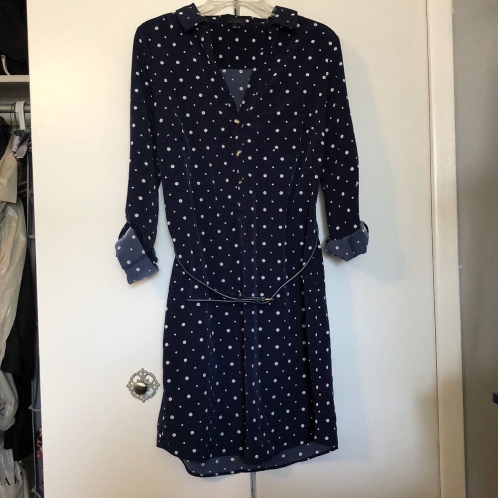 Navy polka dot belted dress